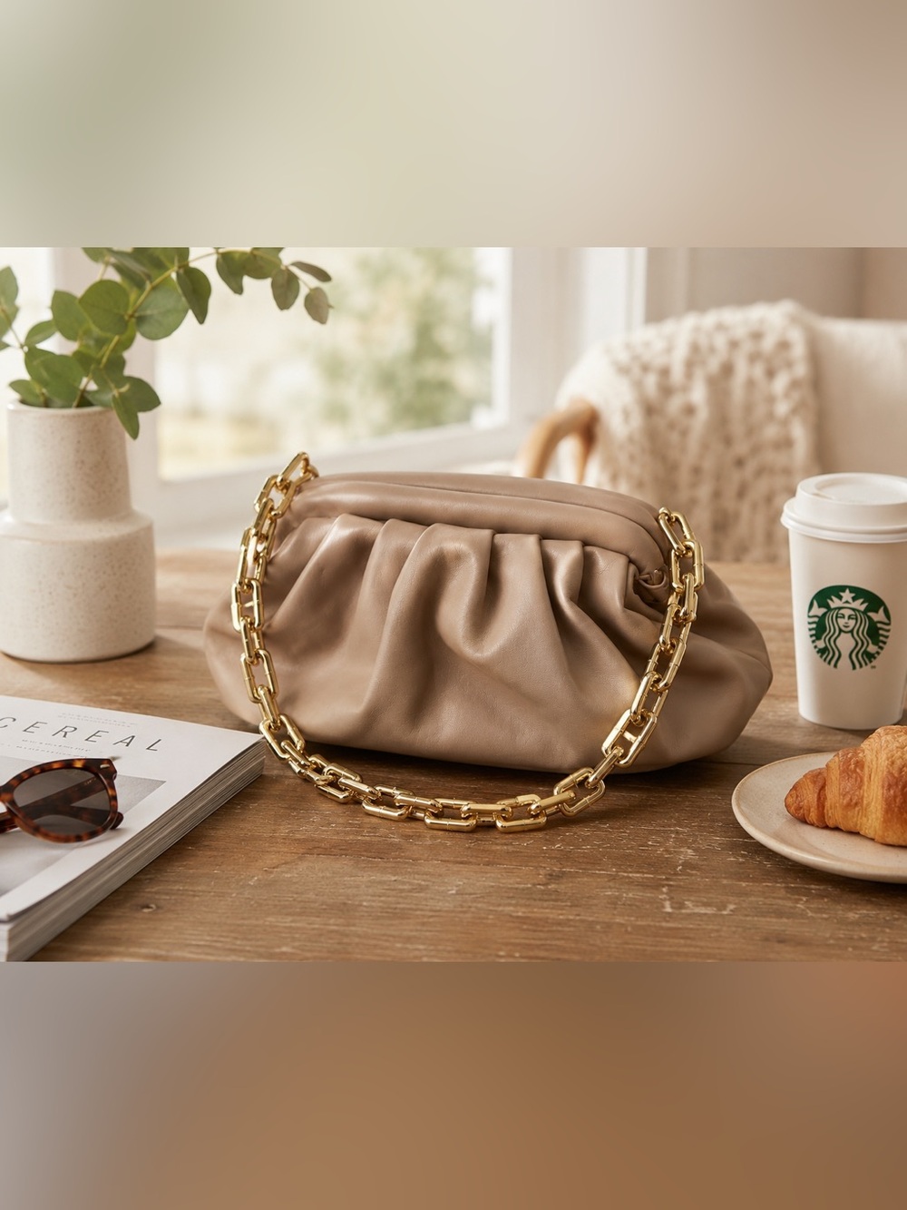 Urban Expressions Gathered Chain Shoulder Bag – Taupe Vegan Leather